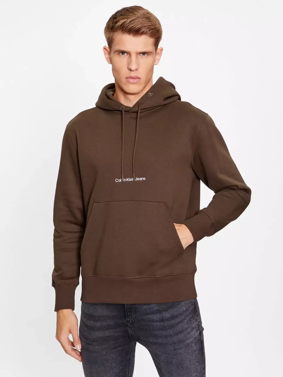 Calvin Klein - Ανδρικό Φούτερ με Κουκούλα και Τσέπες Institutional J30J322894-GT8 Καφέ