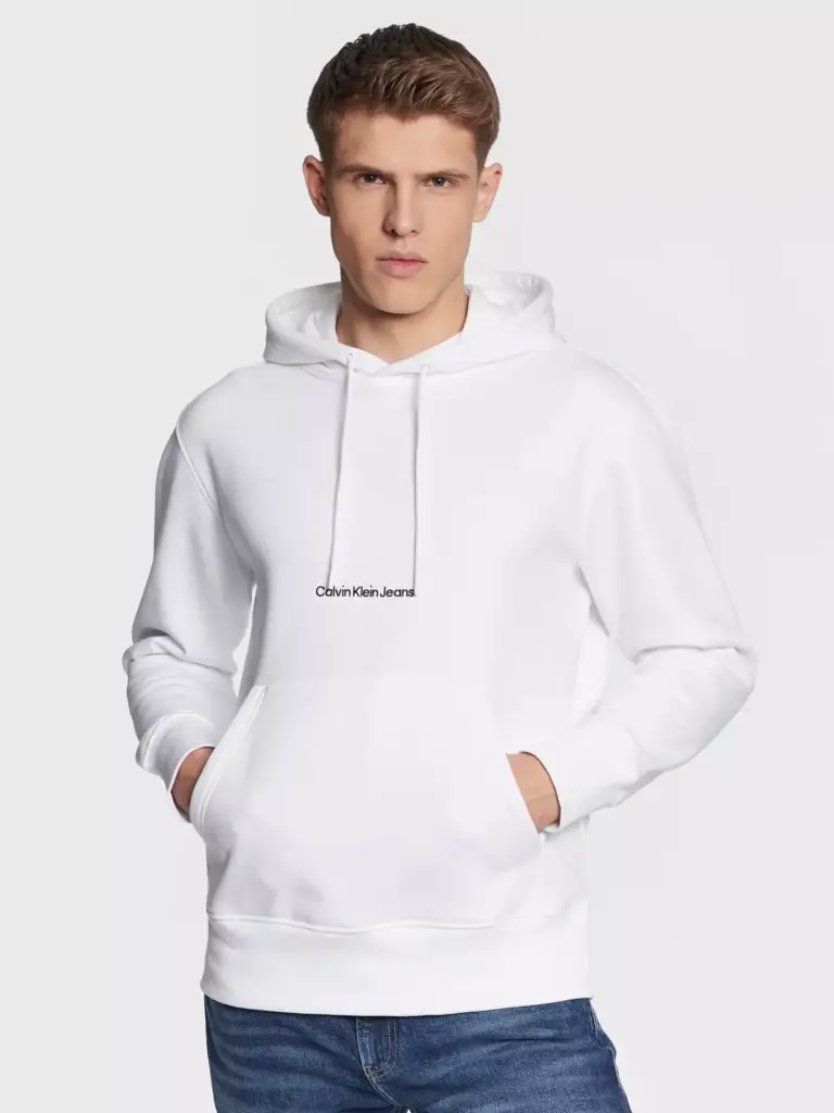 Calvin Klein - Ανδρικό Φούτερ με Κουκούλα και Τσέπες Institutional J30J322894-YAF Λευκό