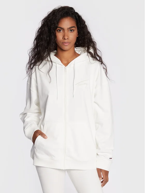 Tommy Hilfiger - Γυναικεία Ζακέτα Φούτερ με Κουκούλα DW0DW13575-YBL Λευκή
