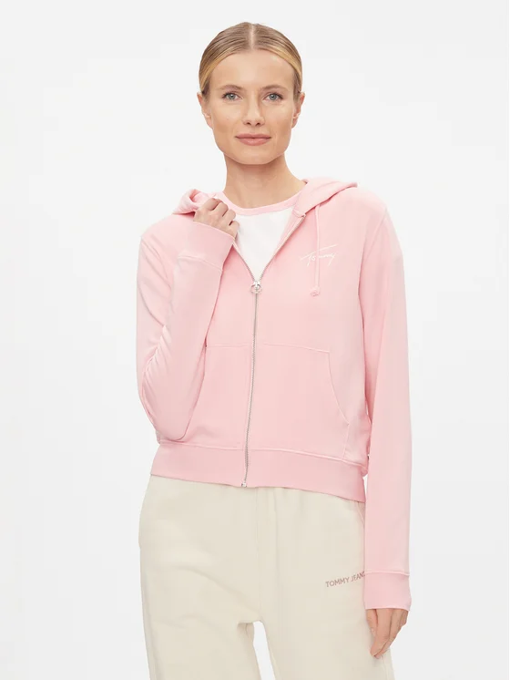 Tommy Hilfiger- Reg Signature Zip Thru Γυναικεία Ζακέτα με Κουκούλα DW0DW17338-THA Ροζ