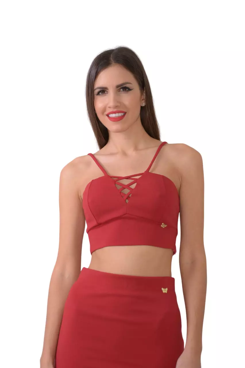 Cento - Crop top με κορδόνι κρουαζέ μπροστά 1001654-010 Κόκκινο
