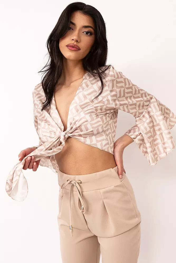 Luigi - Crop Top με Δέσιμο Μπροστά & Μανίκια Καμπάνα 3827802 Μπεζ