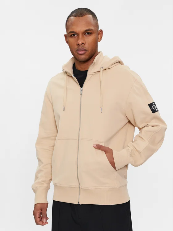 Calvin Klein - Ανδρική Ζακέτα Badge HWK Zip-Through με Φερμουάρ και Κουκούλα Regular Fit J30J324956-ΑΑΤ Μπεζ