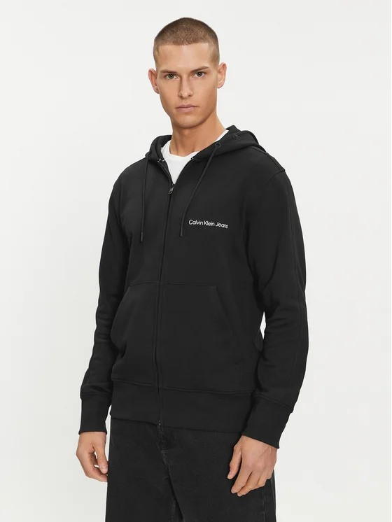 Calvin Klein - Ανδρική Ζακέτα Institutional Zip Through Hood με Φερμουάρ και Κουκούλα Regular Fit J30J325148-BEH Μαύρο