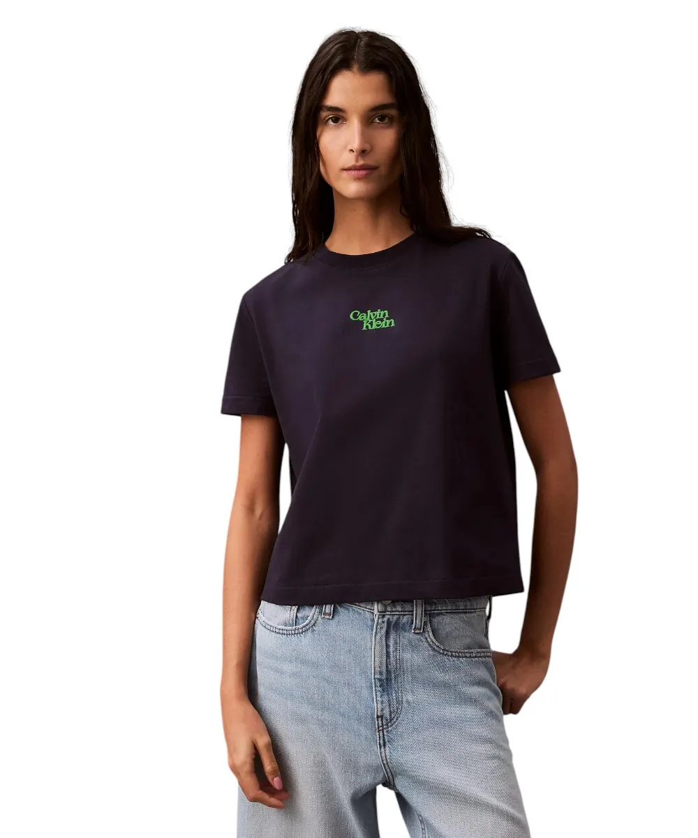 Calvin Klein - Γυναικείο T-Shirt SS Flocked Logo CN Tee Regular Fit LV047B851G-RNV Μπλε Σκούρο