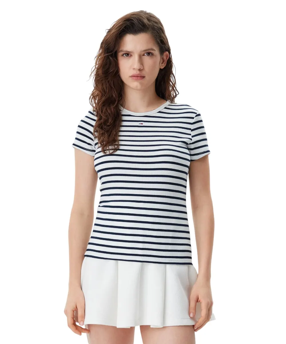 Tommy Hilfiger - Γυναικείο T-shirt Essential Rib-Knit Slim Fit DW0DW17383-0FC Εκρού/Μπλε Ριγέ
