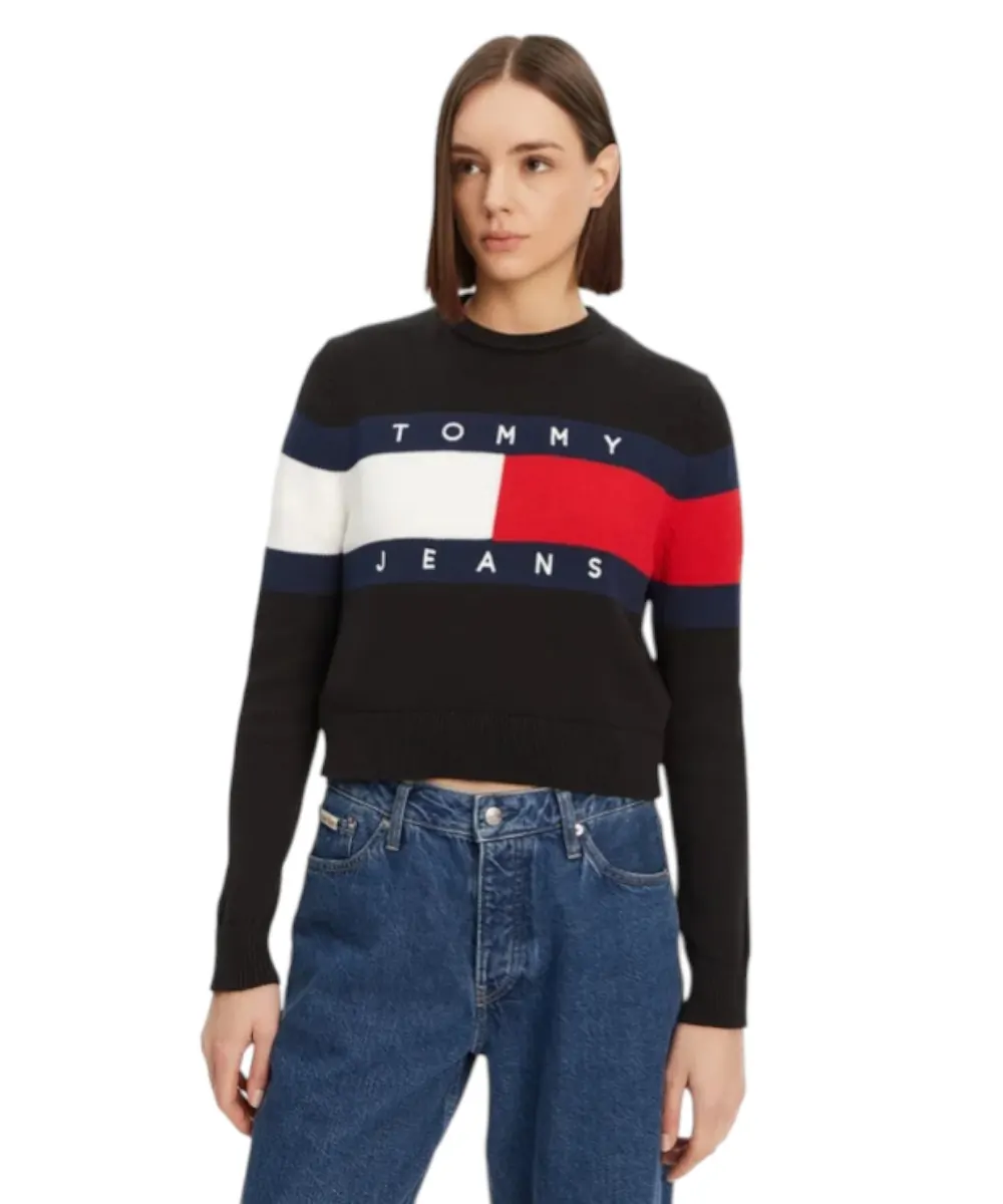 Tommy Hilfiger - Γυναικείο Μακρυμάνικο Πουλόβερ Center Flag Regular Fit DW0DW19335-BDS Μαύρο