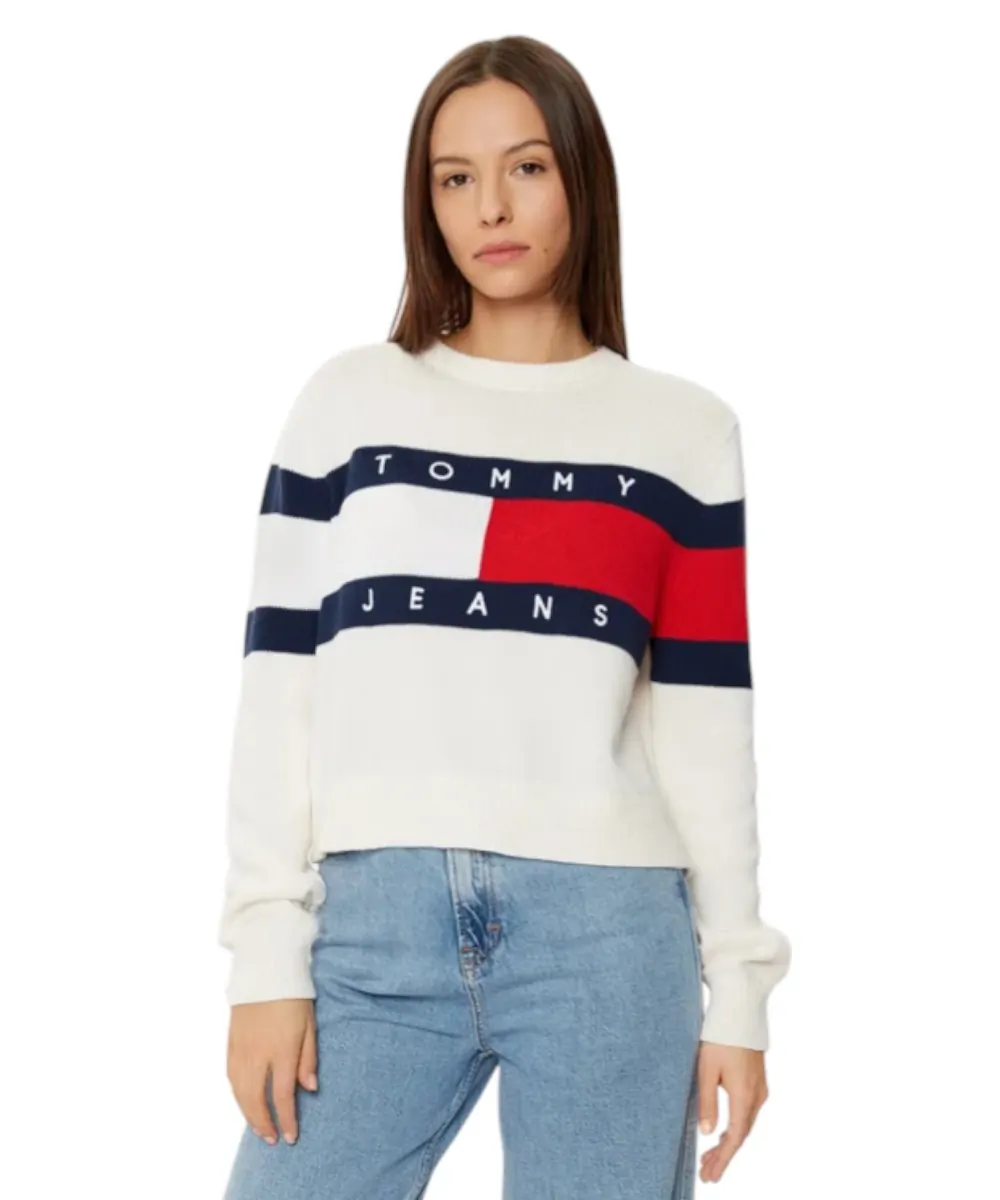 Tommy Hilfiger - Γυναικείο Μακρυμάνικο Πουλόβερ Center Flag Regular Fit DW0DW19335-YBH Λευκό