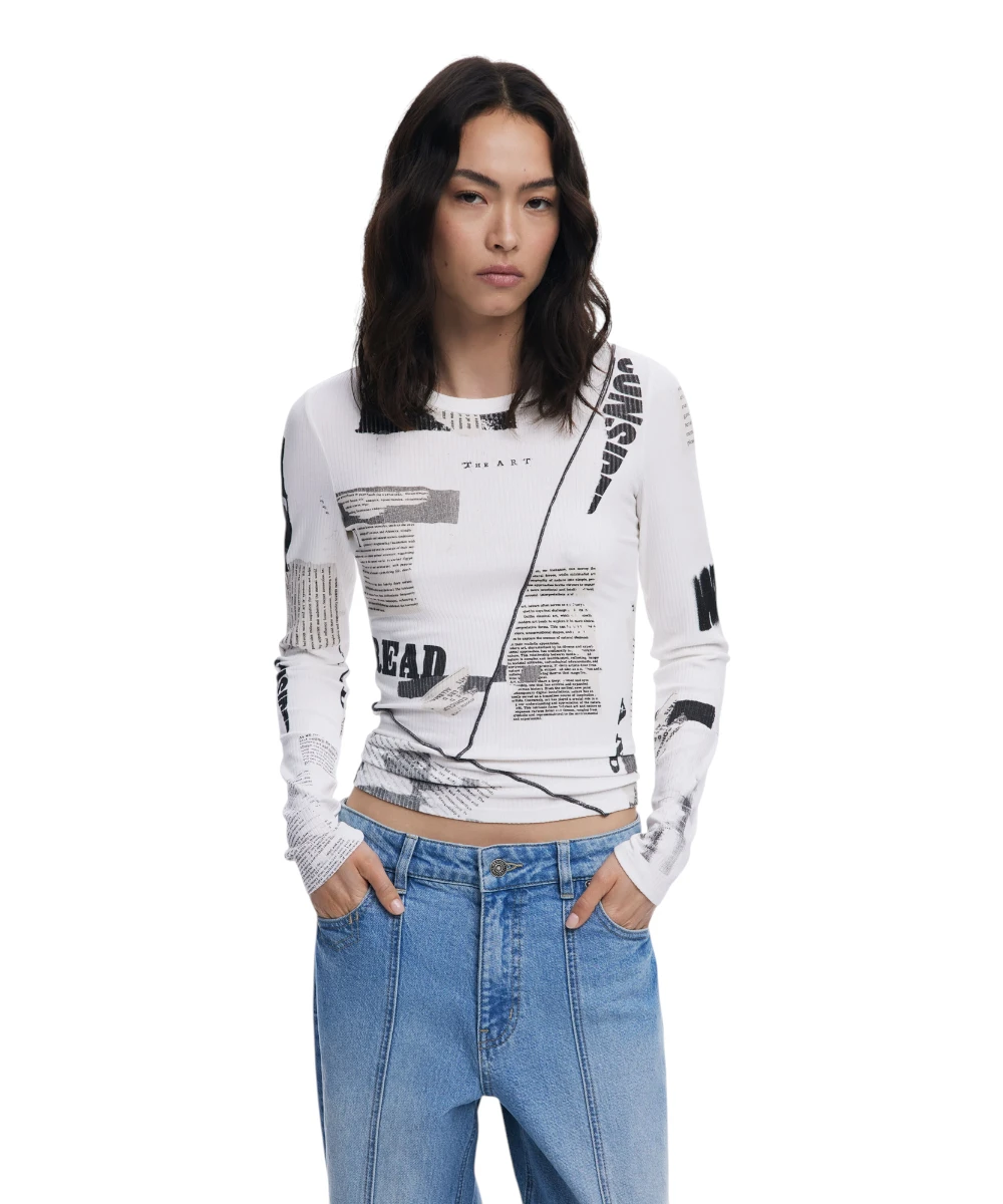 Desigual - Γυναικείο T-Shirt Μακρυμάνικο Newspaper Longsleeve 25WWTK25-1011 Λευκό