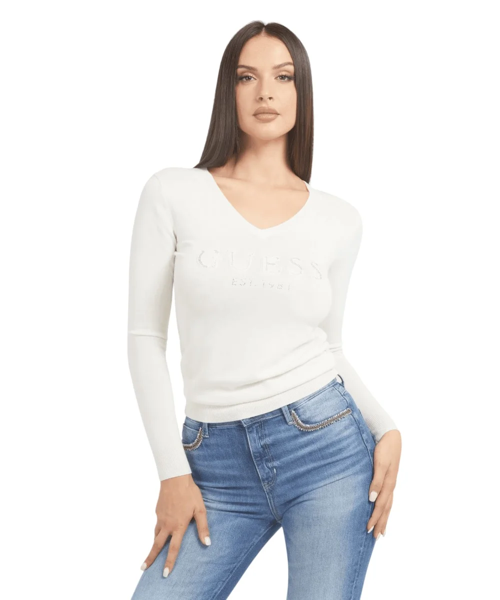 Guess - Γυναικείο Πουλόβερ Ls Vn Saylor Logo Slim Fit W5BR41Z2NQ2-G012 Λευκό