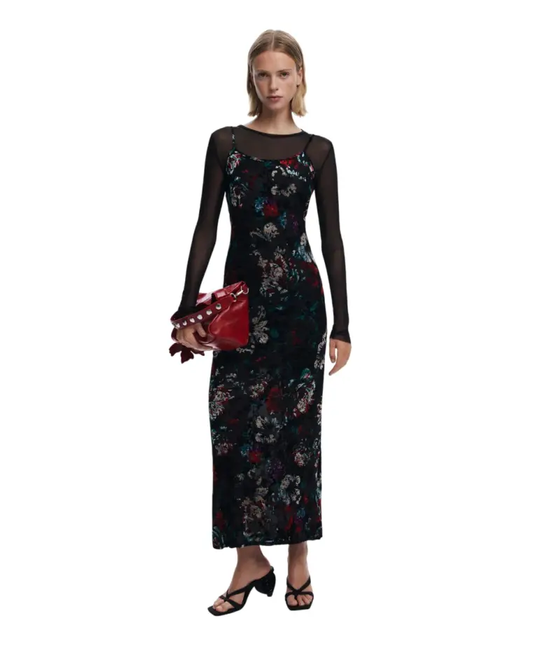 Desigual - Γυναικείο Φόρεμα Kala 2 In 1 Flocked Regular Fit 25WWVK11-2000 Μαύρο