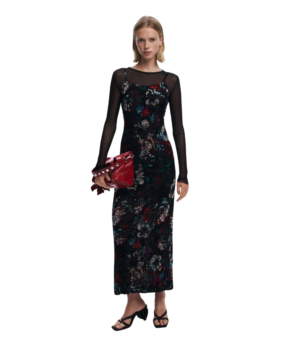 Desigual - Γυναικείο Φόρεμα Kala 2 In 1 Flocked Regular Fit 25WWVK11-2000 Μαύρο