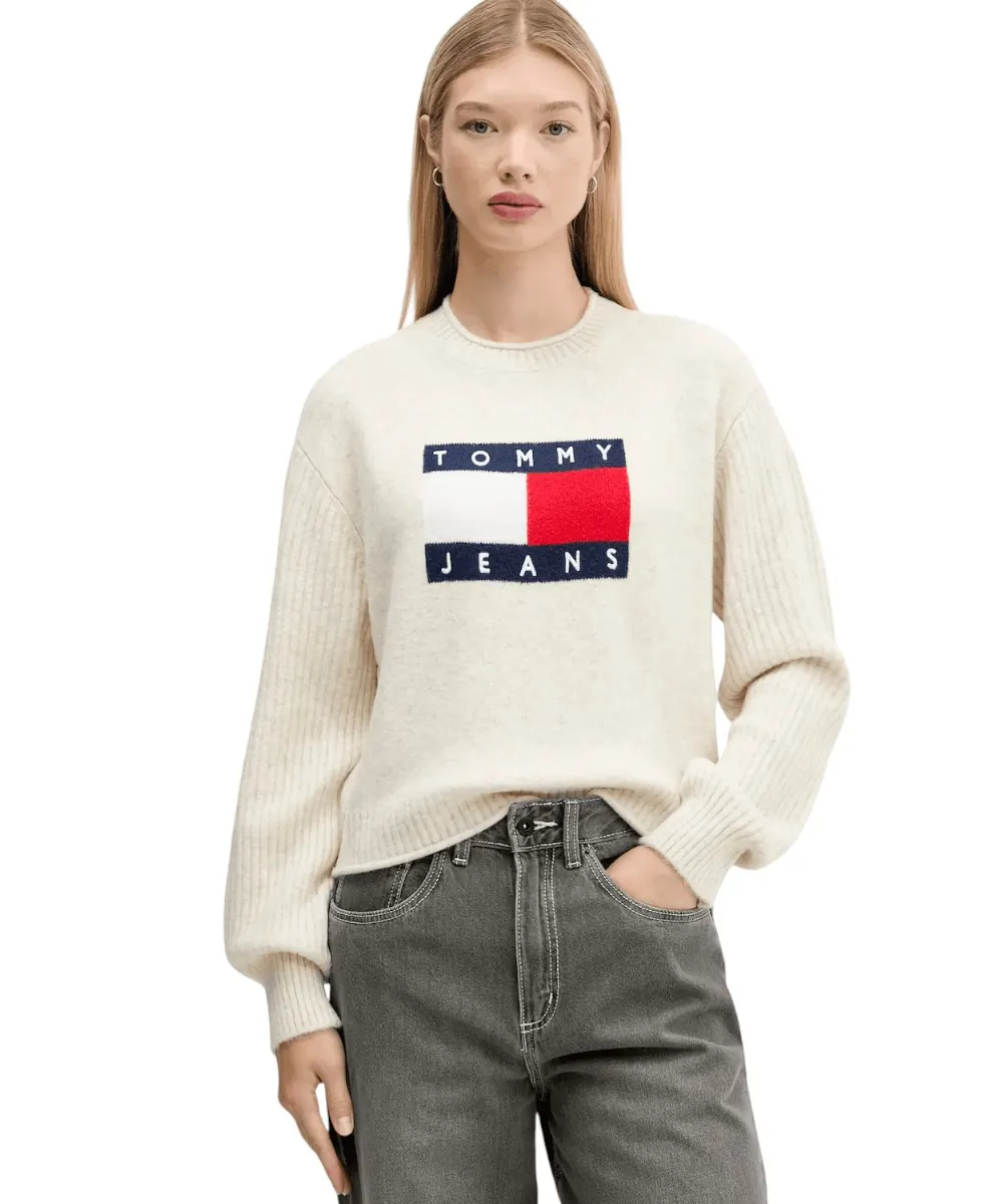 Tommy Hilfiger - Γυναικείο Πουλόβερ Flag Sweater Rib DW0DW21782-AFN Εκρού