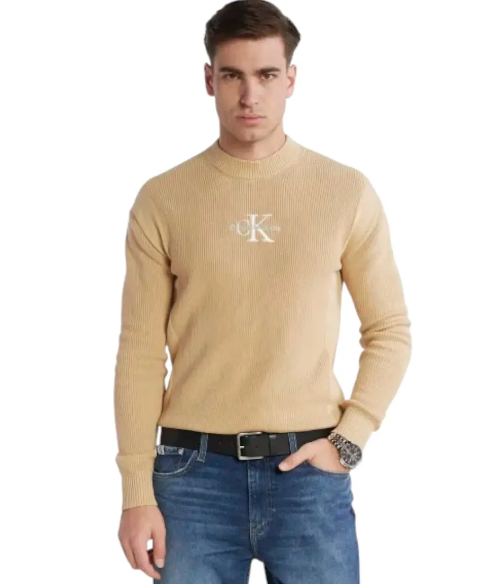 Calvin Klein - Ανδρικό Πουλόβερ Rib Slim Fit J30J324599-AAT Μπεζ