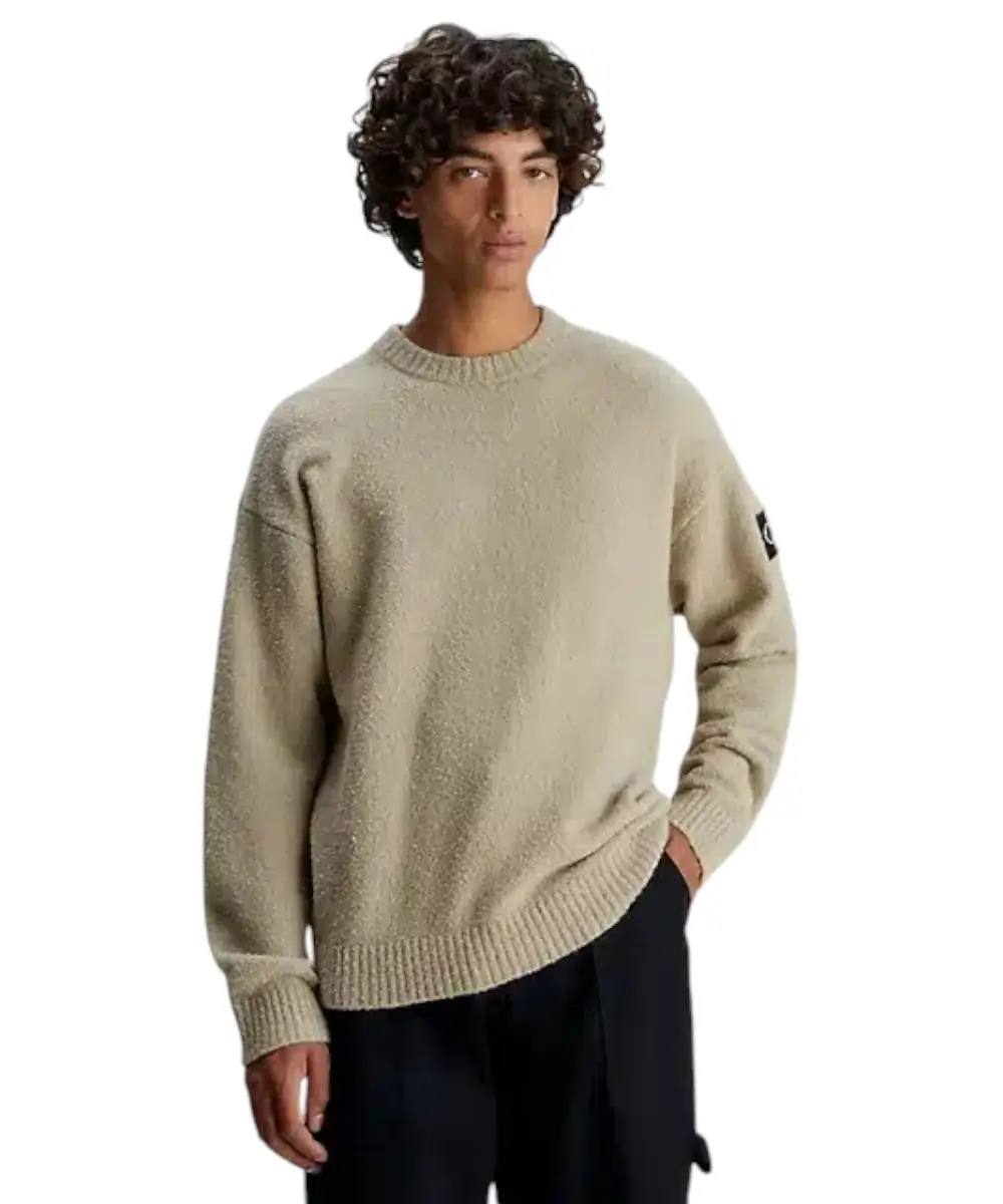 Calvin Klein - Ανδρικό Πουλόβερ Soft Cotton Bouclé Jumper Plaza Relaxed Fit J30J323983-PED Μπεζ