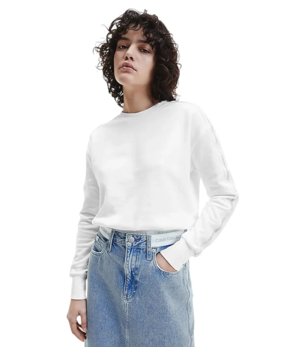 Calvin Klein - Γυναικείο Φούτερ Logo Tape Crew Neck Relaxed Fit J20J218980-YAF Λευκό