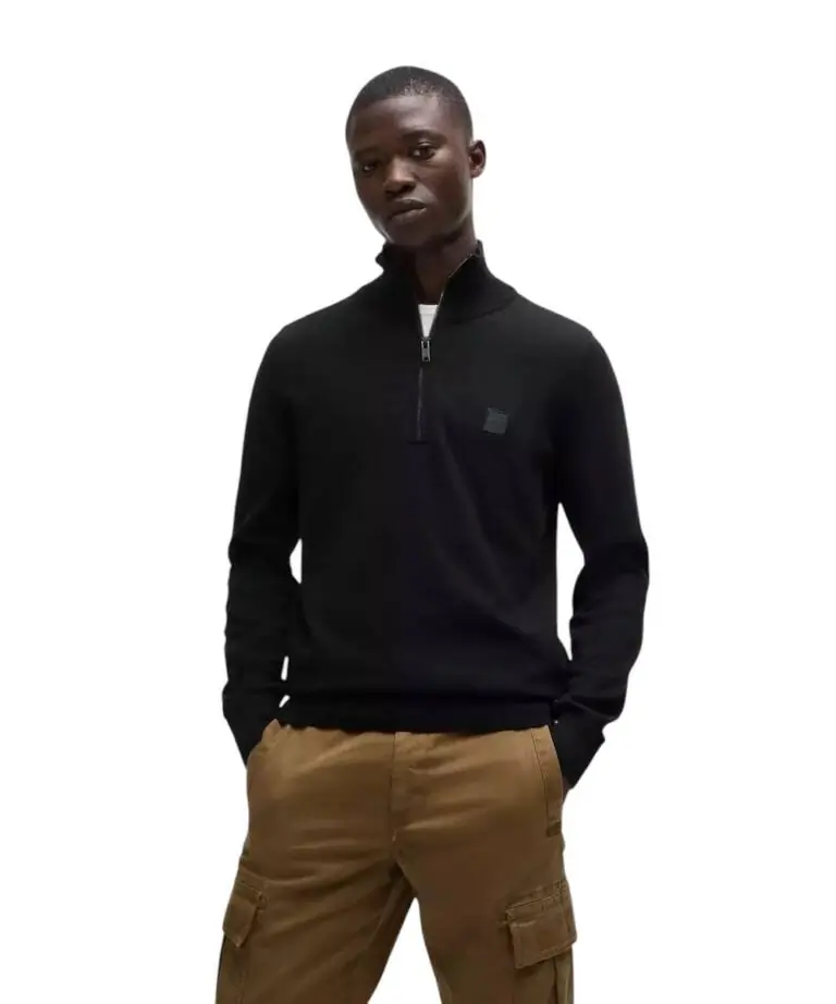 Boss - Ανδρικό Πουλόβερ Zip Neck Sweater In Cotton And Cashmere Kanobix 50527585-001 Μαύρο
