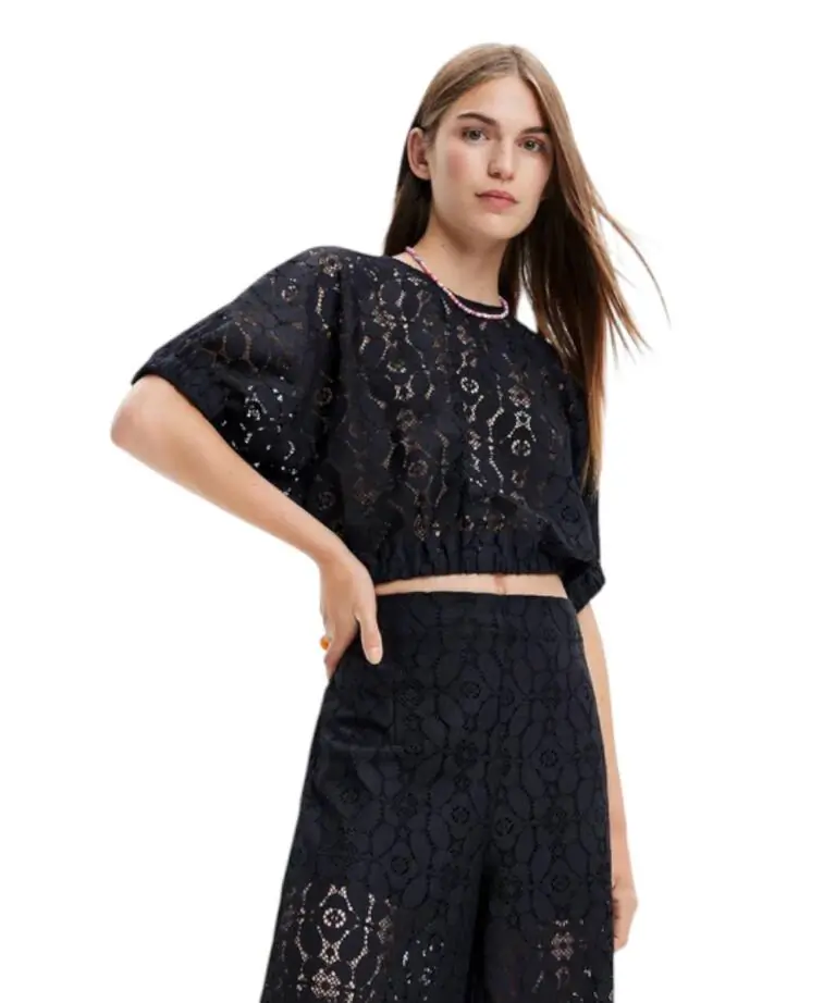 Desigual - Γυναικείο Crop Top Lucca Puff Sleeve Lace Blouse 23SWBW01-2000 Μαύρο