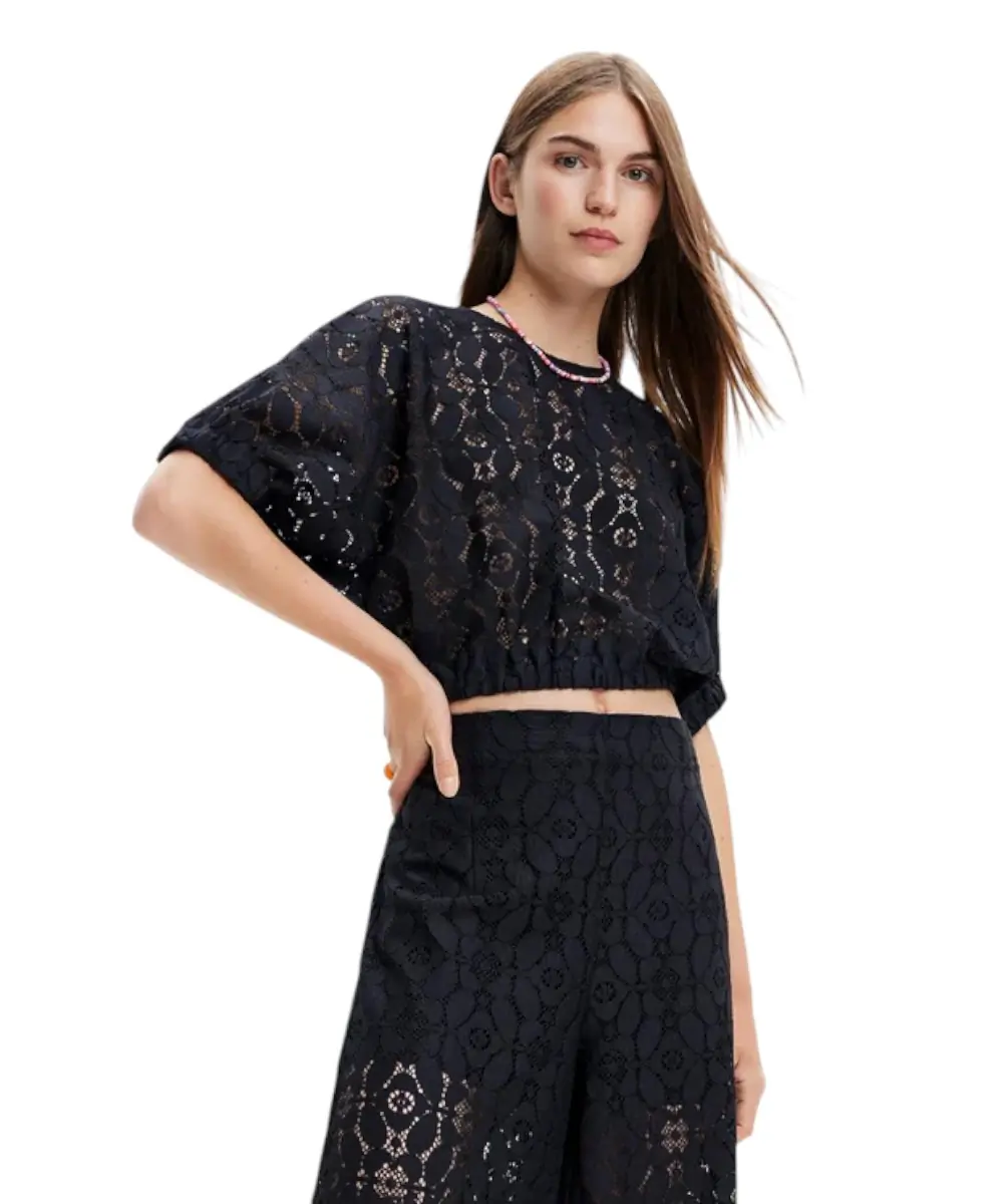 Desigual - Γυναικείο Crop Top Lucca Puff Sleeve Lace Blouse 23SWBW01-2000 Μαύρο