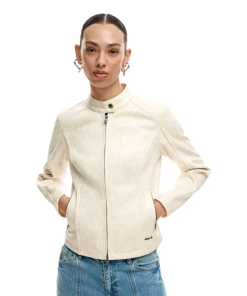 Desigual - Γυναικείο Δερμάτινο Μπουφάν Mao Collar Regular Fit 26SWEW10-1000 Λευκό