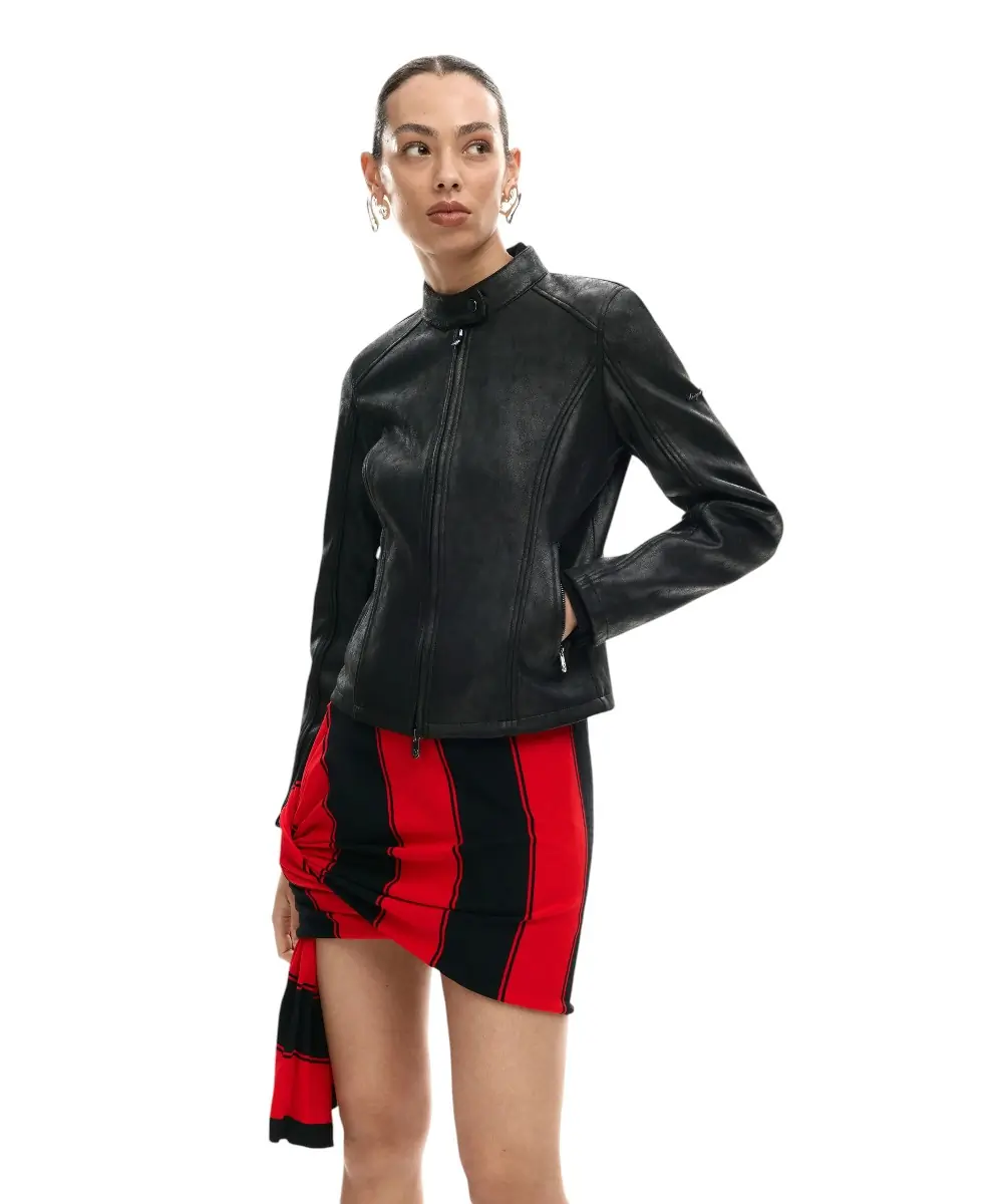 Desigual - Γυναικείο Δερμάτινο Μπουφάν Mao Collar Regular Fit 26SWEW10-2000 Μαύρο