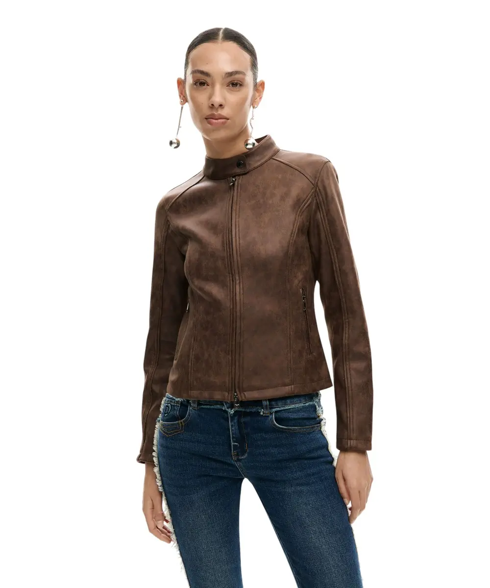 Desigual - Γυναικείο Δερμάτινο Μπουφάν Mao Collar Regular Fit 26SWEW10-6029 Καφέ