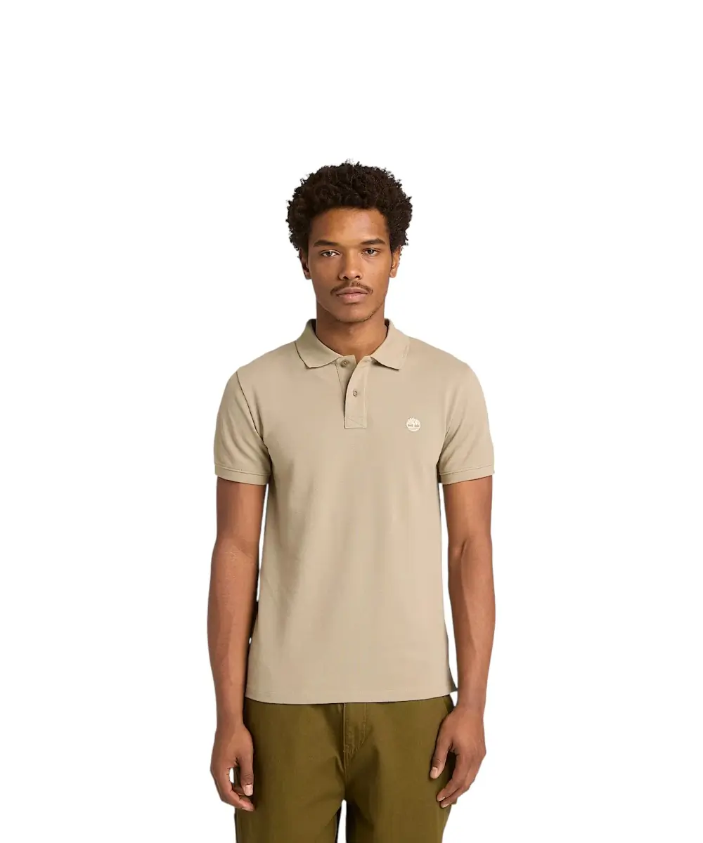Timberland - Ανδρικό Κοντομάνικο T-shirt Polo Slim Fit Mε Λογότυπο Oyster River TB0A2BS1-DH5 Μπεζ/Γκρι
