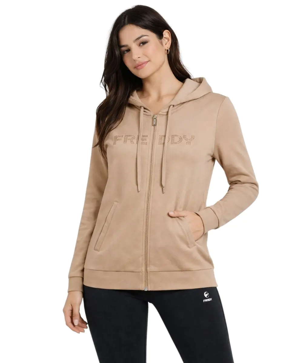 Freddy - Γυναικεία Ζακέτα Φούτερ zip hoodie with logoed band F25WCRS2-Z44 Μπεζ