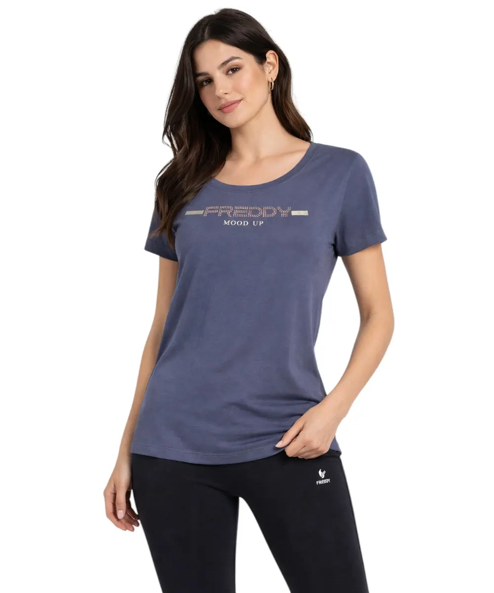 Freddy - Γυναικεία Μπλούζα T-shirt with rhinestones F25WCRT1-B109 Μπλε