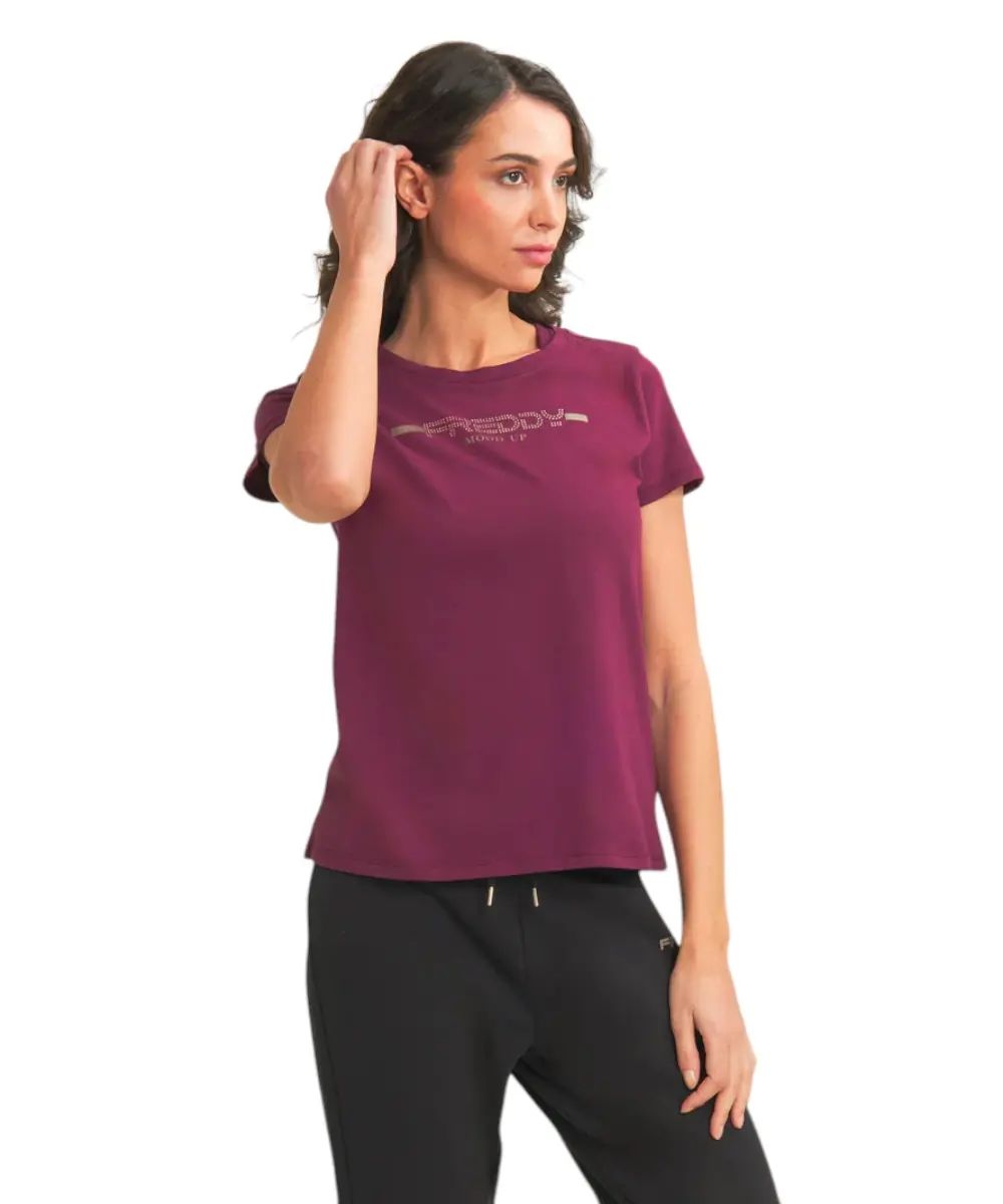 Freddy - Γυναικεία Μπλούζα T-shirt with rhinestones F25WCRT1-K92 Μπορντό