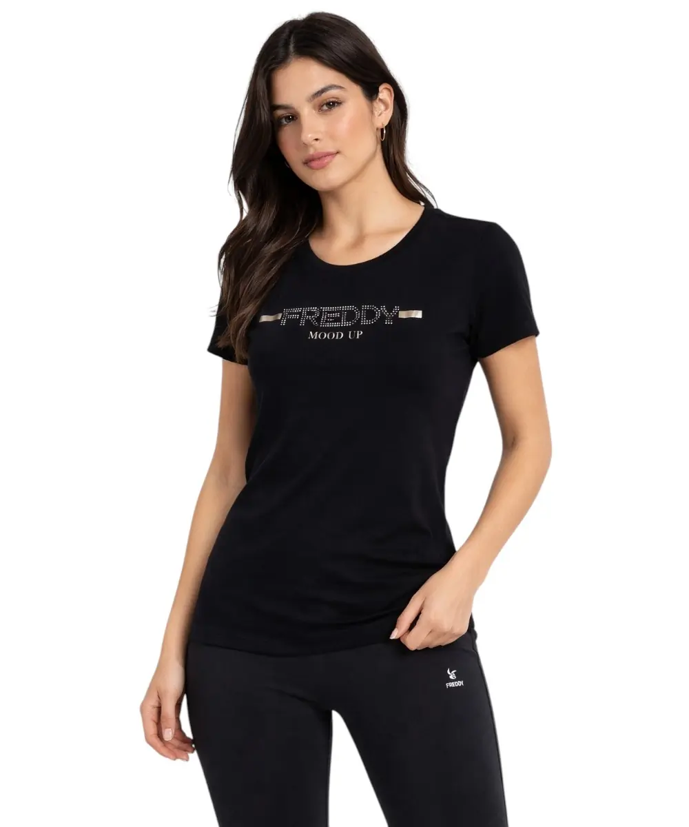 Freddy - Γυναικεία Μπλούζα T-shirt with rhinestones F25WCRT1-N Μαύρο