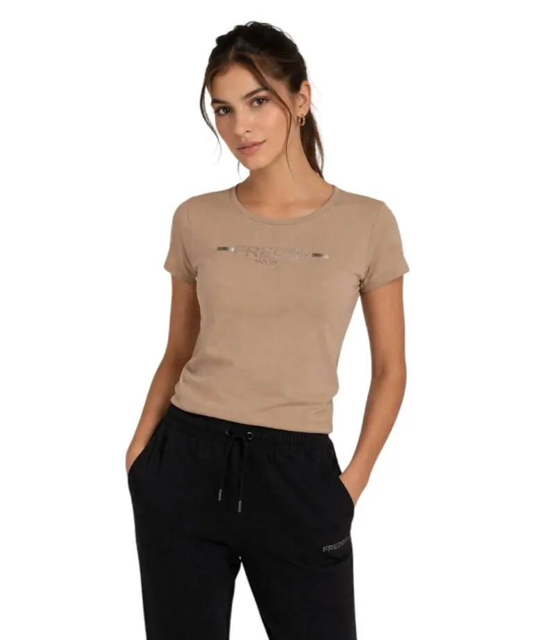 Freddy - Γυναικεία Μπλούζα T-shirt with rhinestones F25WCRT1-Z44 Μπεζ