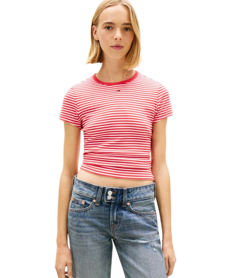 Tommy Hilfiger - Γυναικείο T-shirt Essential Rib-Knit Slim Fit DW0DW17383-0EY Κόκκινο Ριγέ