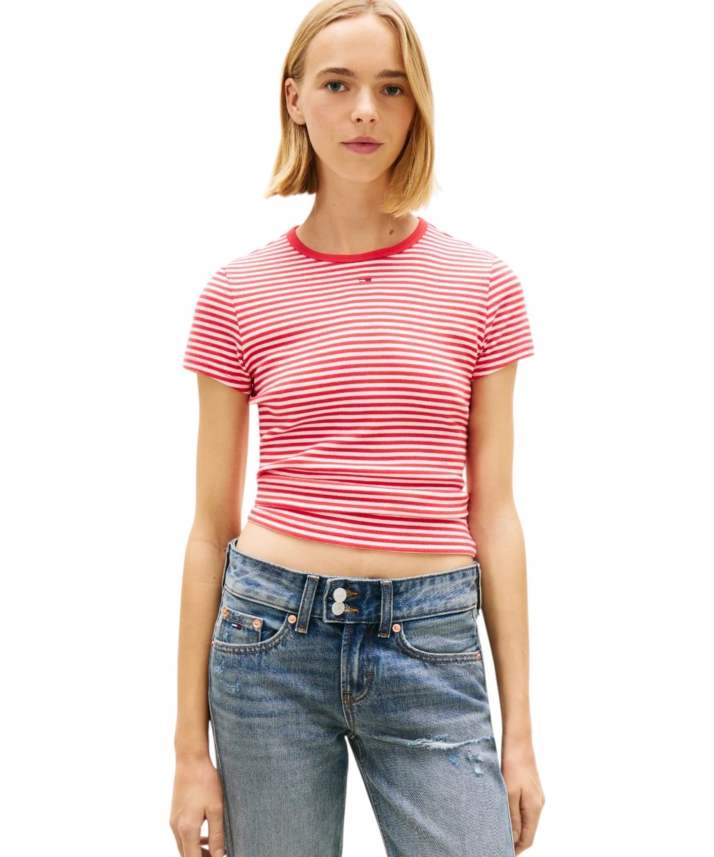 Tommy Hilfiger - Γυναικείο T-shirt Essential Rib-Knit Slim Fit DW0DW17383-0EY Κόκκινο Ριγέ